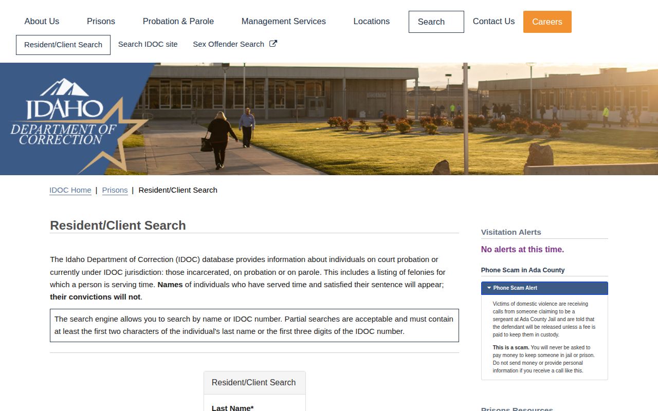 Idaho Department of Correction Resident and Client Search form
