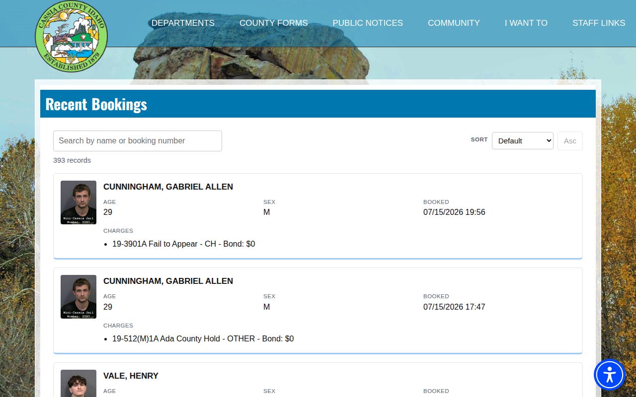 Cassia County recent booking photo and record columns for released inmate mugshot research